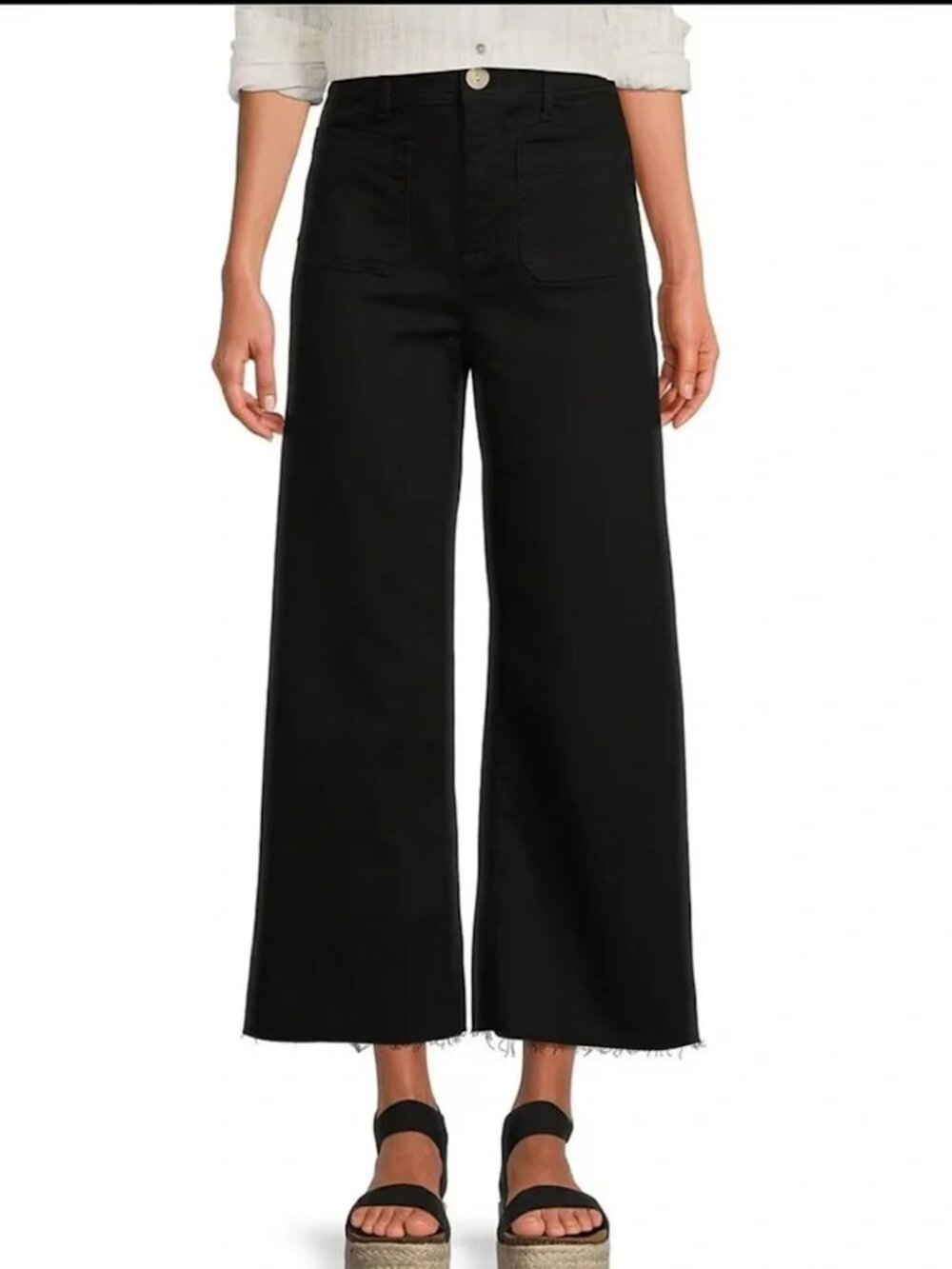 Every Wide Leg Jeans Black Women's Size 14 Patch Pocket High Rise Frayed Hem